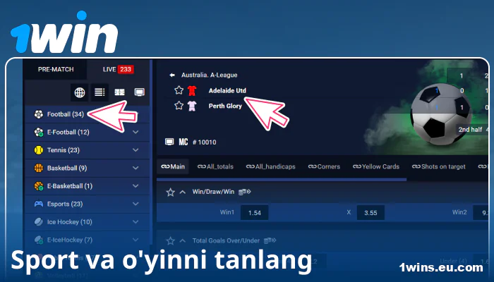 1Win UZ da sport voqeasini tanlang