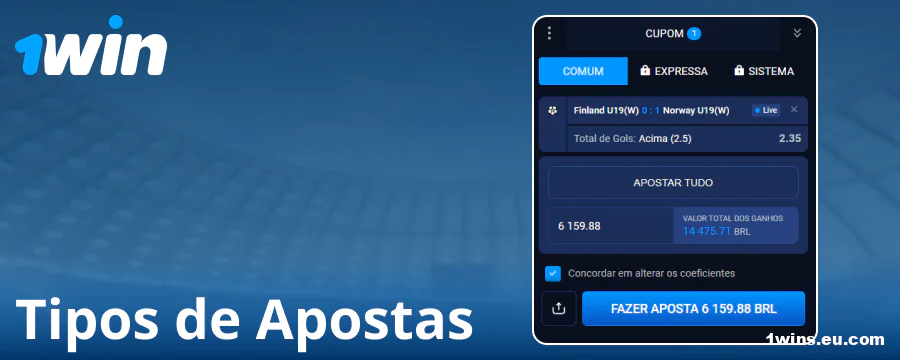 Tipos de apostas disponíveis no 1Win Brasil