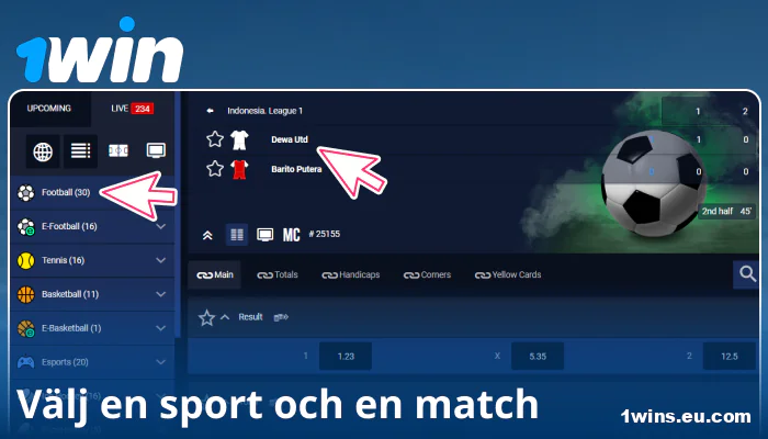Välj ett sportevenemang i 1Win SE