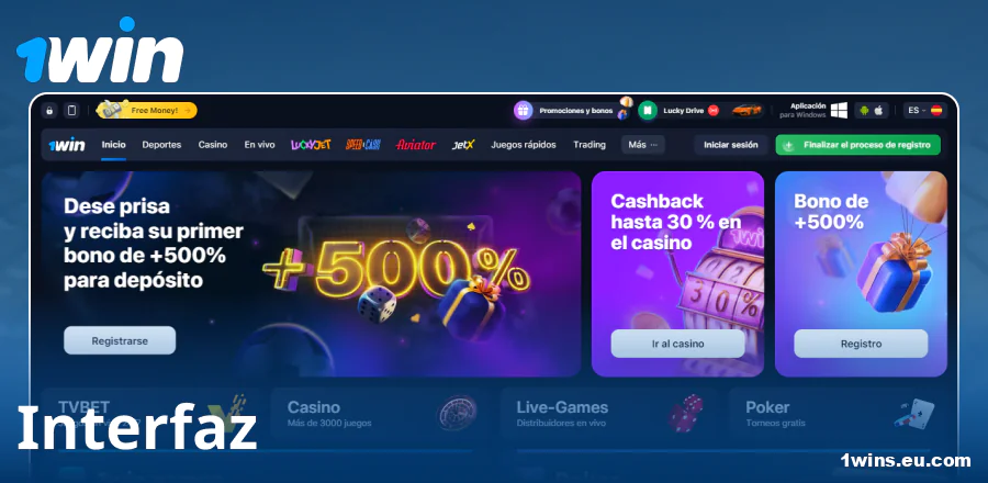 Diseño del sitio 1Win para españoles