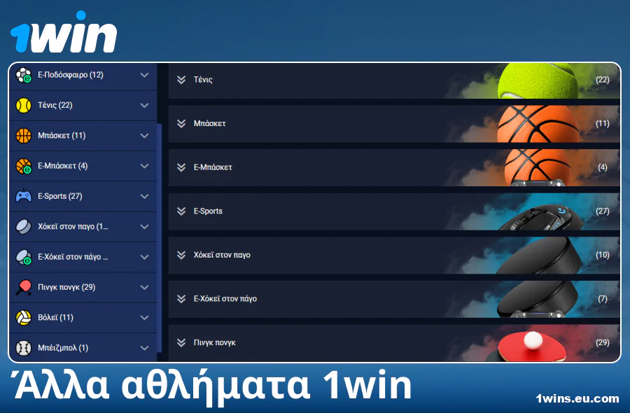 Διαθέσιμα αθλήματα στον bookmaker 1Win Ελλάδα