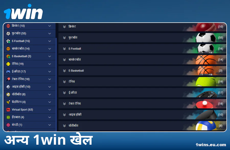 1Win इंडिया बुकमेकर के उपलब्ध खेल प्रकार