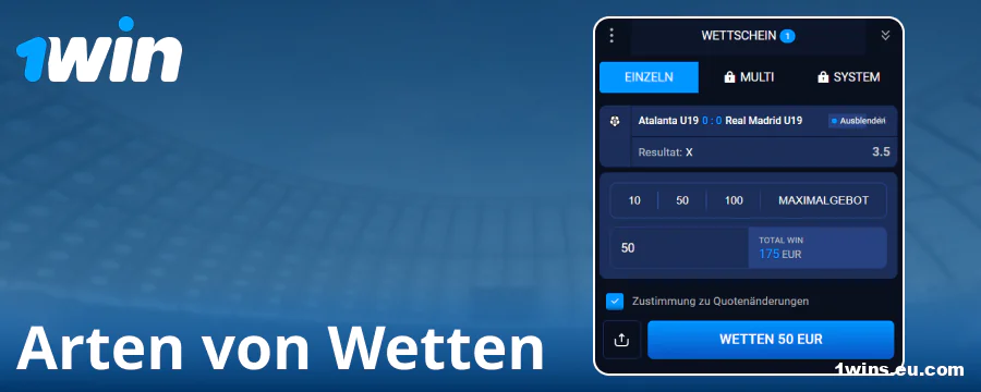 Verfügbare Wettarten bei 1Win Deutschland