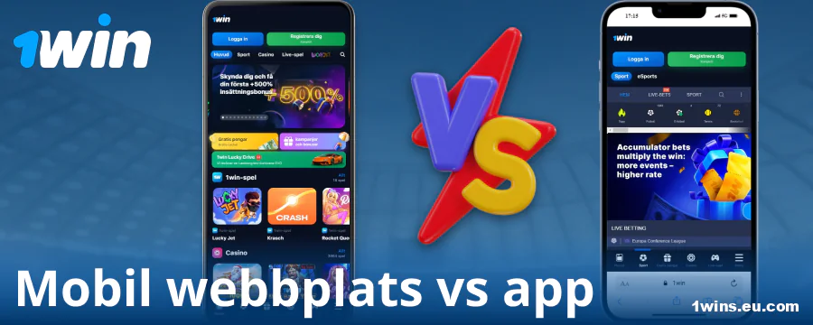 Jämförelse mellan app och webbläsare för 1Win SE