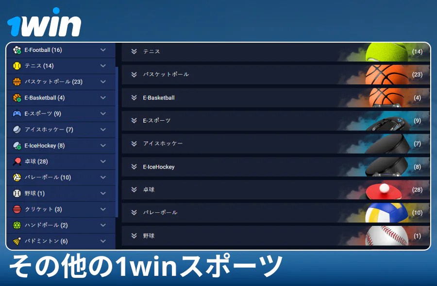 1Win日本ブックメーカーの利用可能なスポーツの種類