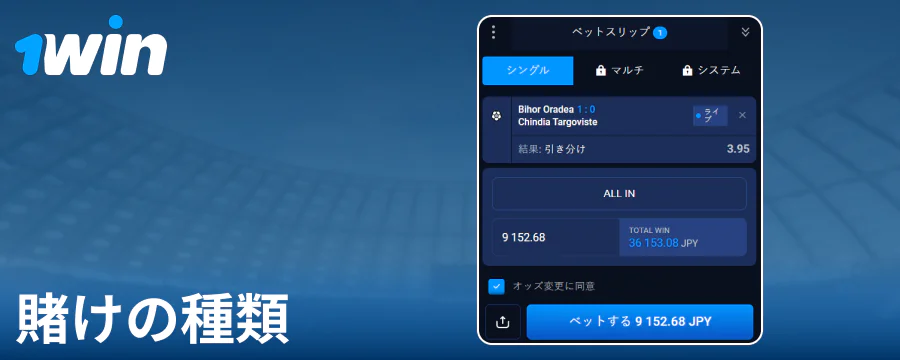 1Win日本で利用可能な賭けの種類