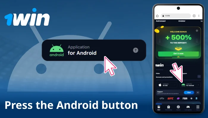 Click the Android icon and confirm 1win download