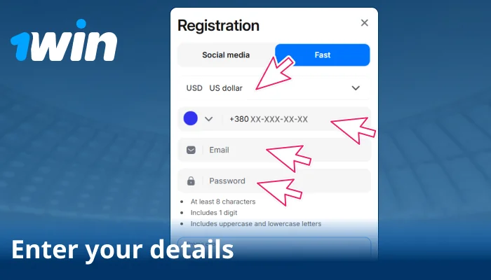 Complete personal info in 1win signup fields
