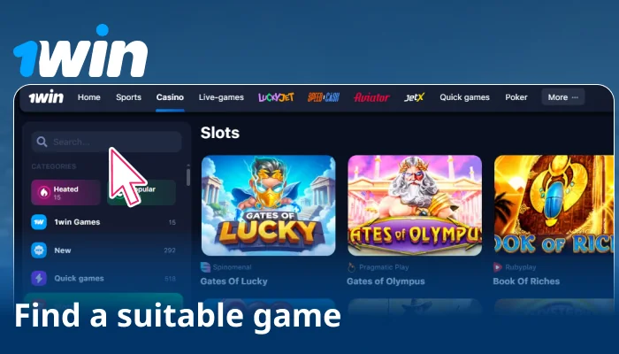 Use filters like New, Top, Only on 1win, or providers to choose