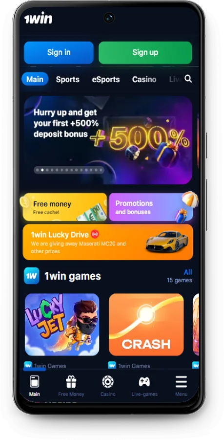 Screenshot of the 1Win app home page