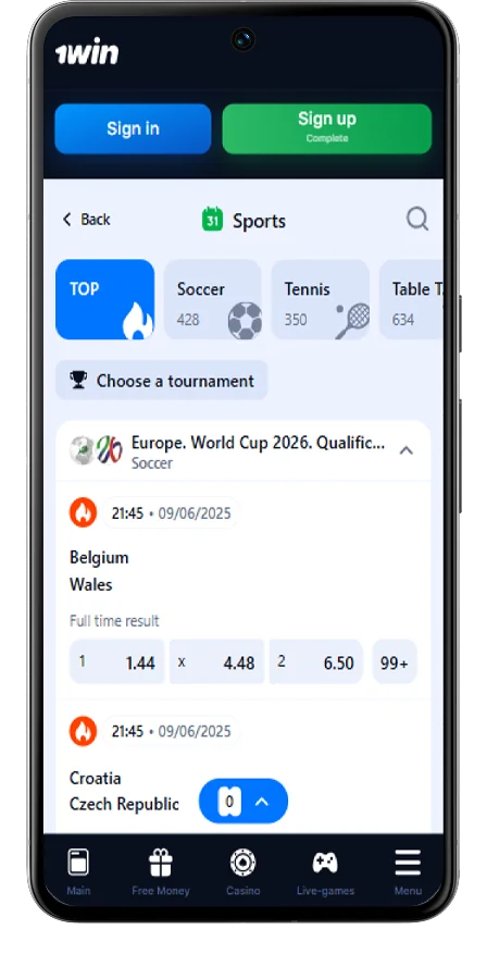 Screenshot of the 1Win app betting section