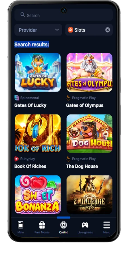 Screenshot of the 1Win app Casino section